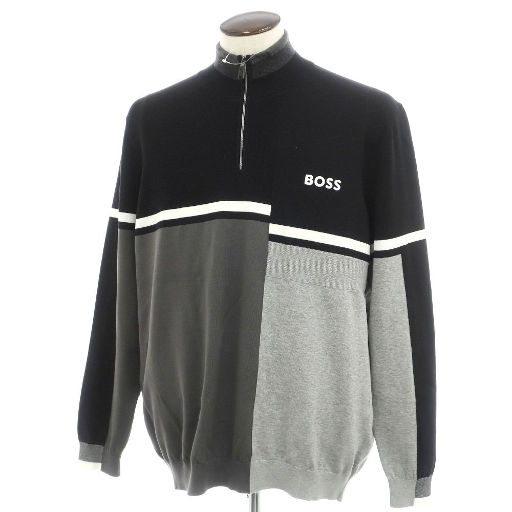 【中古】ボス BOSS コットン ナイロンポリウレタン 切り替えデザイン ハーフジップ プルオーバーニット ブラックxグレー【サイズXXL】【メンズ】