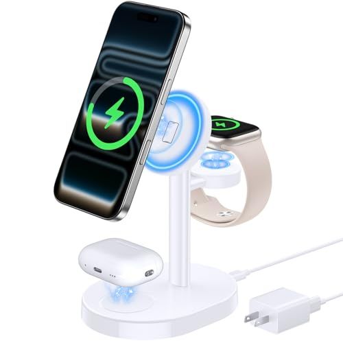 Hevanto 2026 MagSafe充電器 3in1 ワイヤレス充電器 Qi認証 極小 15W急速充電スタンド iPhone 17/17e/16/15/14/13/12 iWatch AirPods対応 マグセーフ充電器 3台同時充電 ま 957a6280