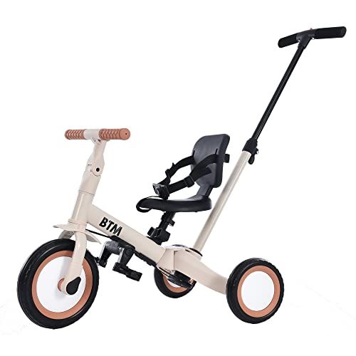 【ベージュ】BTM 子供用三輪車 折りたたみ 手押し 4in1 自転車 二輪車 座面回転 補助輪キックバイク 押し棒付き おもちゃ 乗用玩具 幼児用 お祝い ギフト クリスマス 女の子 男の子 1歳 2歳 3歳Y 7d343ce8