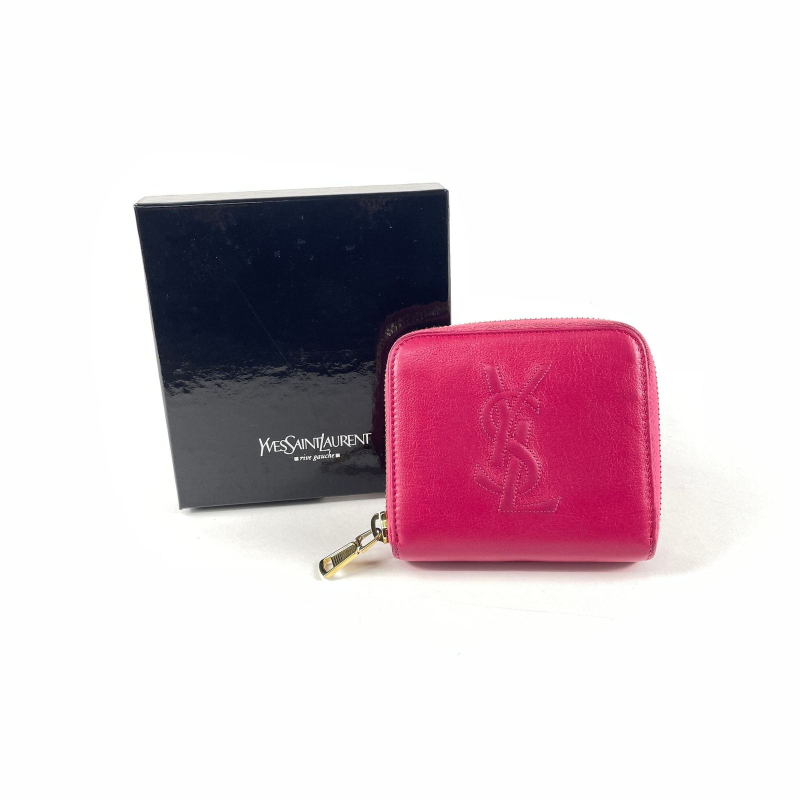 YSL　YVES　SAINT　LAURENT 　イヴ･サンローラン　二つ折り財布　ショートウォレット　ロゴ刺繍　ラウンドジップ　ピンク　箱付