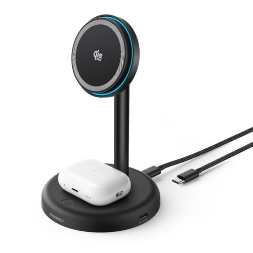 THREEKEY 2-in-1 MagSafe対応充電器【Qi2公式認証・25W高速充電】ワイヤレス充電スタンド 独自放熱設計（冷却ファン付き） LEDナイトライト付き 角度調整可能 iPhone 17-12対応/AirPods/Apple d4054ed7