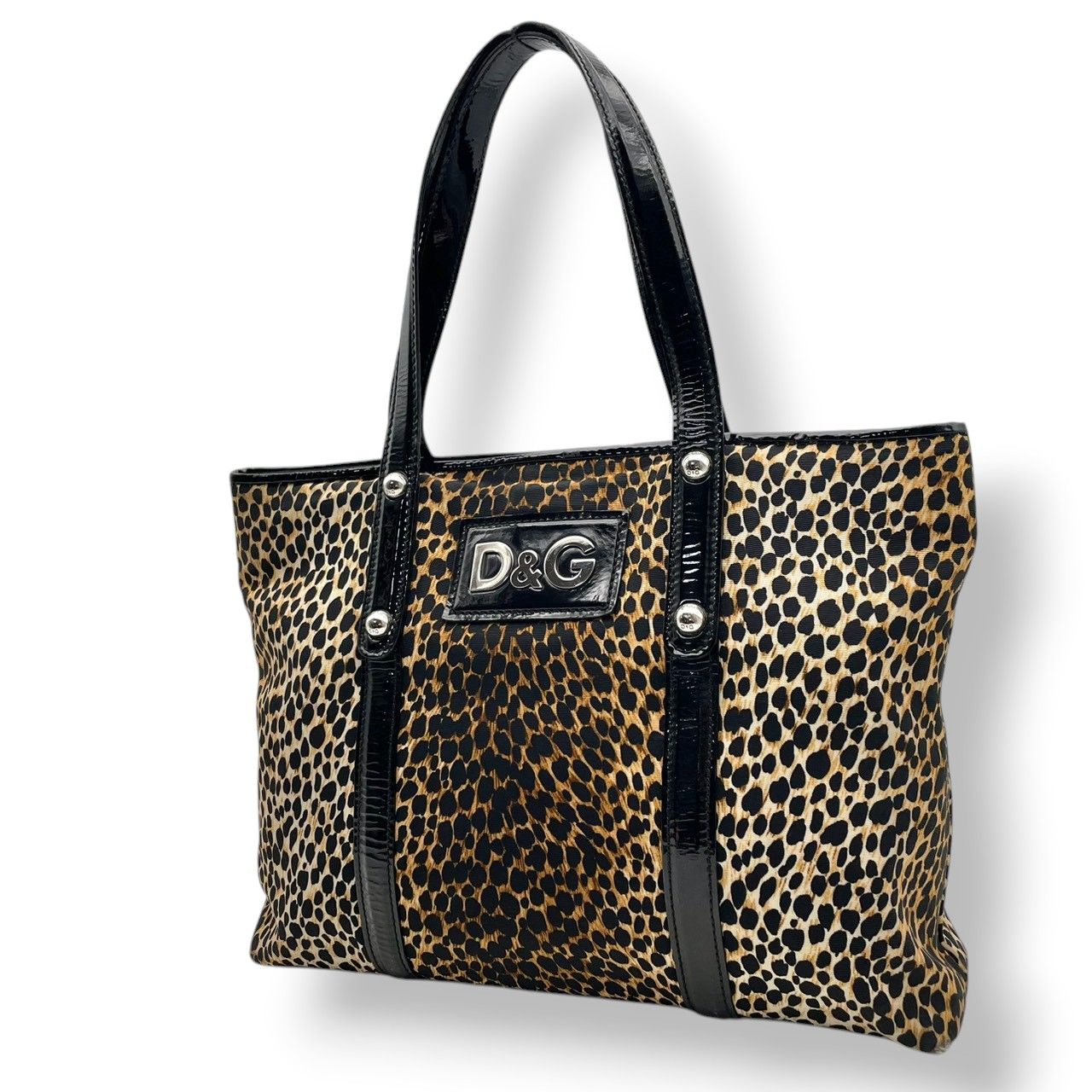 【良品】 ドルチェ＆ガッバーナ DOLCE&GABBANA トートバッグ ナイロン エナメル レオパード柄 ヒョウ柄 ブラウン ブラック 黒 ロゴ プレート 肩掛け A4収納可能 大容量 カジュアル エレガント 鞄 通勤 お出かけ レディース 定番 S59