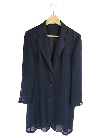 イッセイミヤケ ISSEY MIYAKE IM21FD002 ジャケット シャツ ロング テーラード ボタン 透け感 薄手 無地 ネイビー サイズ3 QQQ