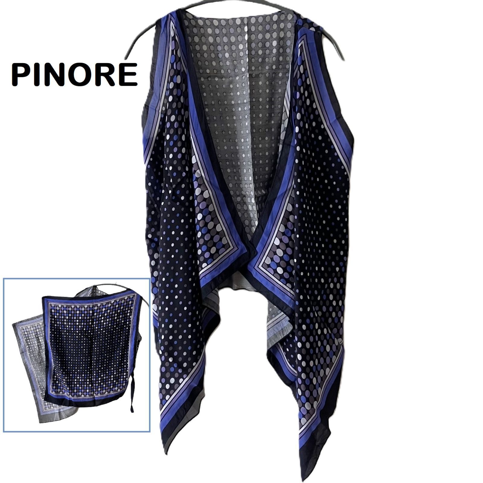 【PINORE/ピノーレ】ノースリーブトップス シルク混 スカーフ調 アウタードット 総柄 ブルー系 自宅洗濯OK（中古・美品）