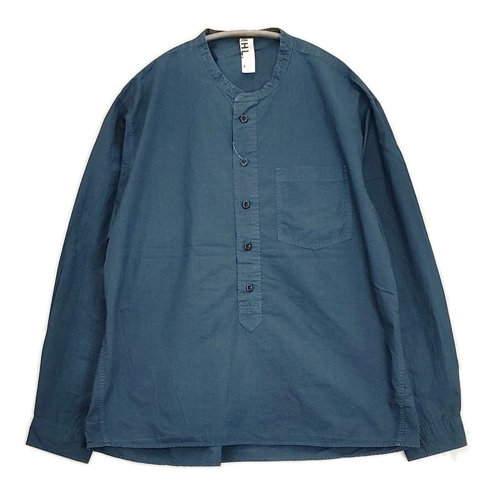 MHL. COTTON RAMIE POPLIN 596-7150516 サイズM バンドカラー プルオーバー 長袖シャツ ブルー メンズ エムエイチエル【中古】6-0512M♪