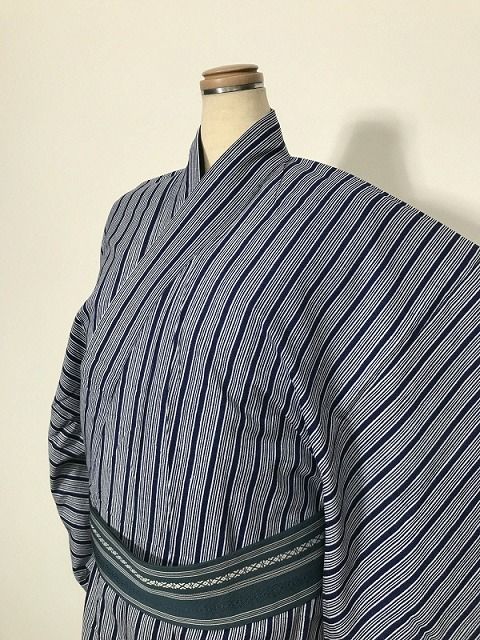 【中古】Mサイズ 浴衣 男物 綿 濃紺地に縞模様