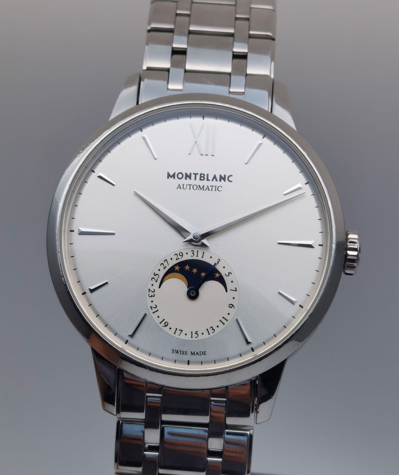中古 保証書付き モンブラン MONTBLANC ヘリテイジ スピリット 111184 7301 ムーンフェイズ デイト SS シルバー 自動巻き メンズ 腕時計
