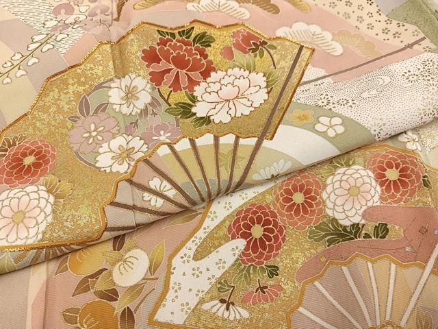 平和屋着物○訪問着 友禅 駒刺繍 扇面花文 暈し染め 金彩 正絹 逸品 未