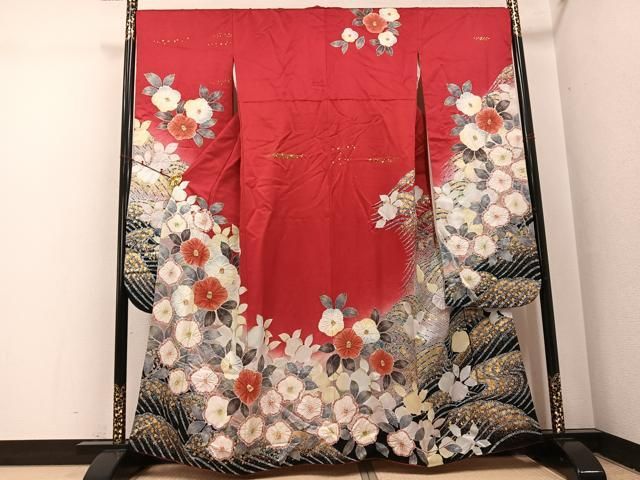 平和屋着物●豪華振袖　絞り　立波花文　暈し染め　金彩　正絹　逸品　AABI0579ph