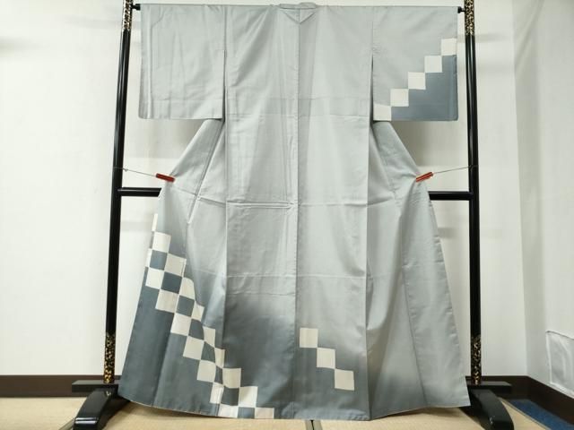 平和屋着物●訪問着　本場染大島紬　胴抜き仕立て　市松文　正絹　逸品　CABG0071yc