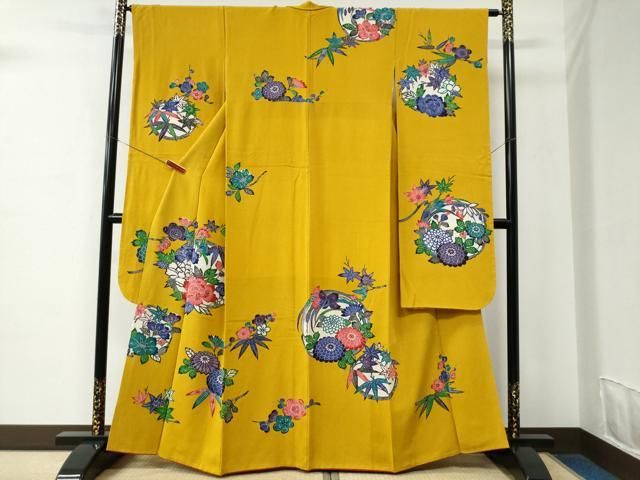 平和屋着物●豪華振袖　作家物　型染め　草花丸文　鬼しぼ縮緬　正絹　逸品　CABC6649yc