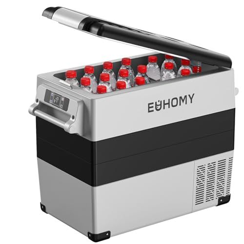 【新品】EUHOMY 車載冷蔵庫 55L 大容量 ポータブル冷蔵庫 2室独立収納 -20℃?20℃ 急速冷凍 「バスケット・仕切り板付き」 コンプレッサー式 LED庫内灯 MAX/ECOモード 3WAY電源対応 AC100V DC12V/24 c7bb5602