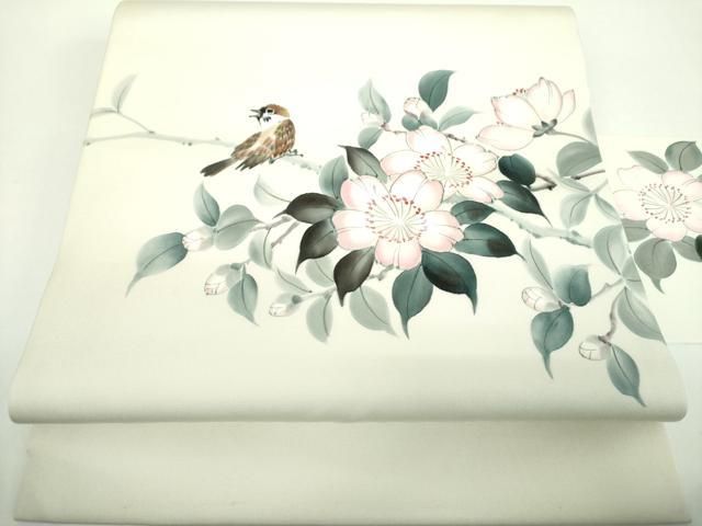 平和屋着物●塩瀬　九寸名古屋帯　作家物　手描き　雀　枝花文　正絹　逸品　DABD1185ps