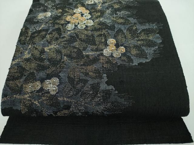 平和屋着物●八寸名古屋帯 紬地 南天文 黒地 金銀糸 正絹 逸品 DABD1198ps