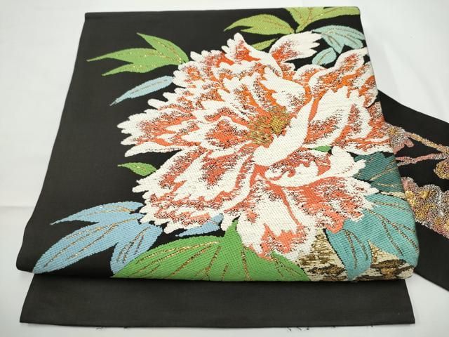平和屋着物●九寸名古屋帯　唐織　牡丹　金糸　正絹　逸品　CABE0349hy
