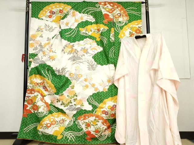 平和屋着物●豪華振袖・長襦袢(無双仕立て)セット 駒刺繍 檜扇枝花文 金彩 正絹 逸品 AABG9999cs