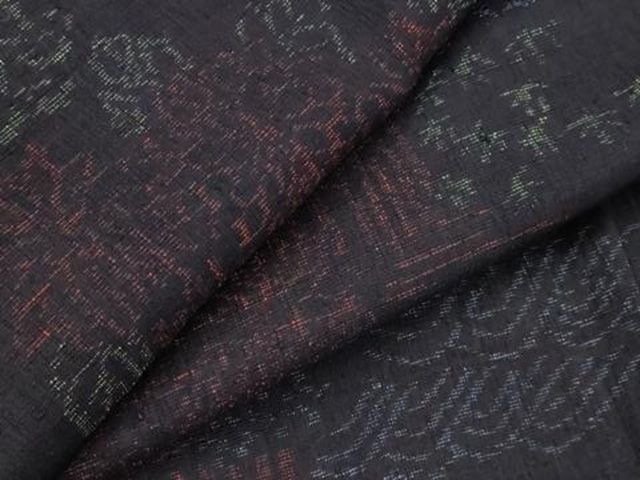 平和屋着物▽結城ちぢみ　単衣　流水草花文　正絹　逸品　AABH7454st