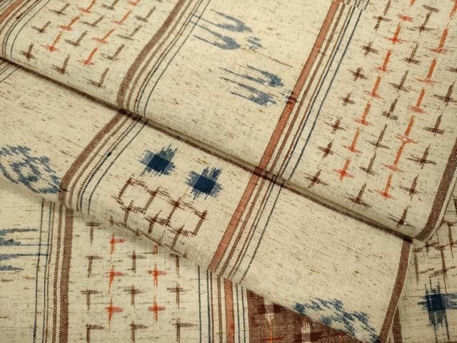 平和屋着物▽上質な紬　単衣　格子琉球絣文様　正絹　逸品　CABF3068ze