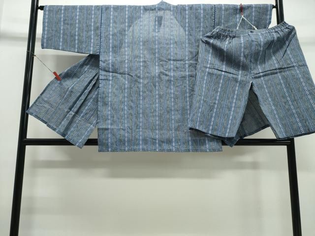 平和屋着物∴夏物 阿波しじら織 男性 甚平 上下セット 吉祥間道 綿麻 逸品 未使用 CABE9085ng