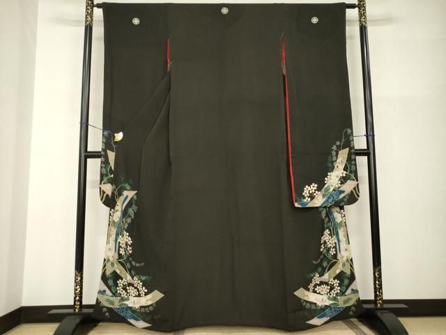 平和屋本店●アンティーク 大正ロマン 振袖 短冊花文 黒地 正絹 逸品 AABI0786ck