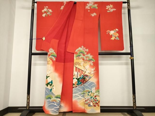 アンティーク着物　二尺袖大正ロマン　小振袖　駒刺繍　檜扇吉祥花文　正絹 平和屋本店○アンティーク 大正ロマン 小振袖 二尺袖 駒刺繍 帆掛け船