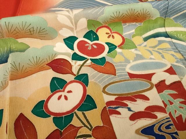 平和屋本店○アンティーク 大正ロマン 小振袖 二尺袖 駒刺繍 帆掛け船