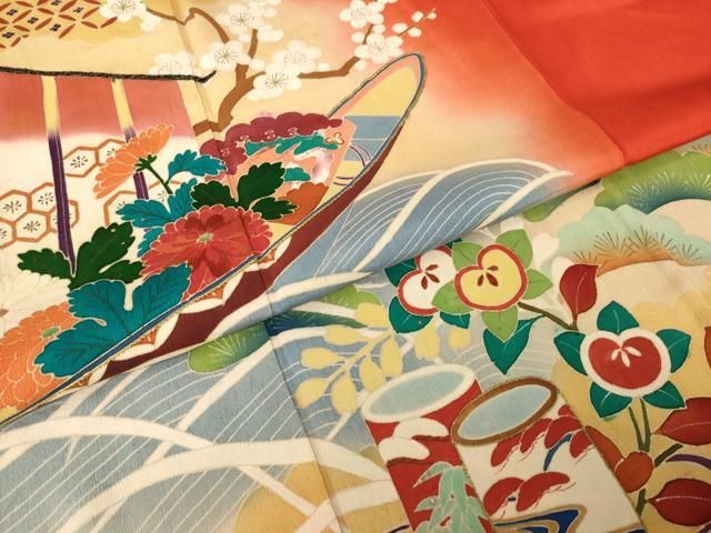 平和屋本店○アンティーク 大正ロマン 小振袖 二尺袖 駒刺繍 帆掛け船