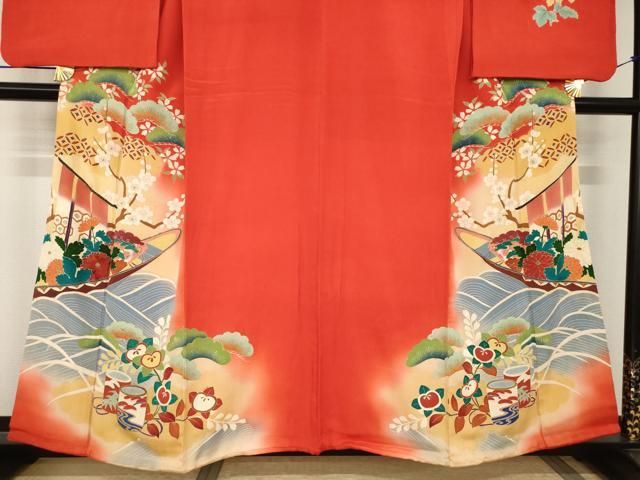 平和屋本店○アンティーク 大正ロマン 小振袖 二尺袖 駒刺繍 帆掛け船