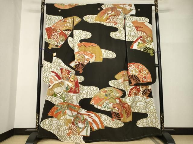 平和屋本店●アンティーク　大正ロマン　振袖　駒刺繍　地紙吉祥花鳥文　黒地　金彩　正絹　逸品　AABI0793ck