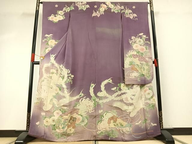 平和屋本店●アンティーク 大正ロマン 振袖 刺繍 扇面花鳥文 暈し染め 金糸 金彩 正絹 逸品 AABH5193fy