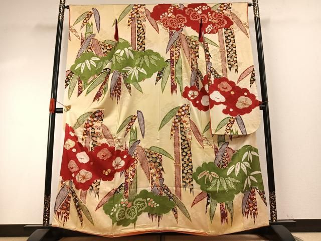 平和屋本店●アンティーク　大正ロマン　振袖　駒刺繍　笹竹雲取り花文　金糸　正絹　逸品　AABH5191fy
