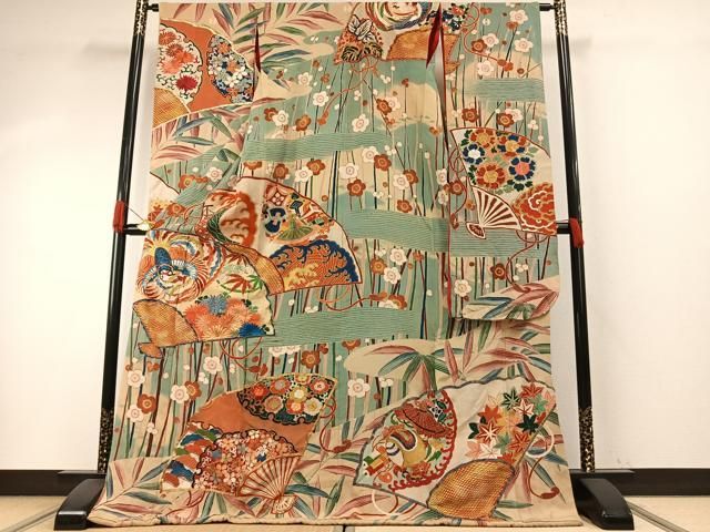 平和屋本店●アンティーク　大正ロマン　振袖　駒刺繍　扇面花文　金糸　金銀彩　正絹　逸品　AABH5195fy