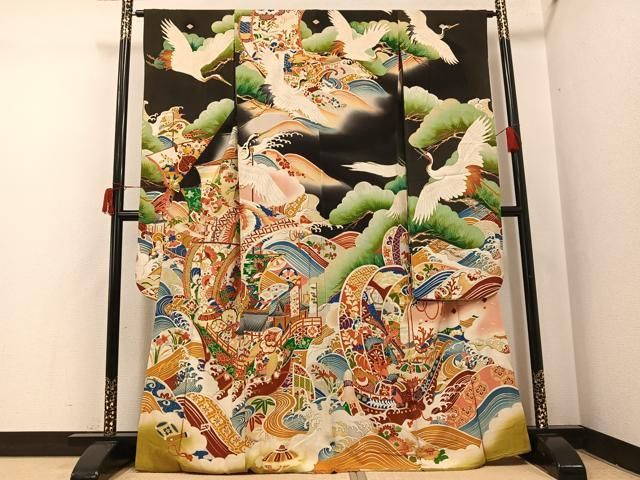 平和屋本店●アンティーク　大正ロマン　振袖　駒刺繍　立波風景花宝尽くし　黒地　正絹　逸品　AABI0468ph