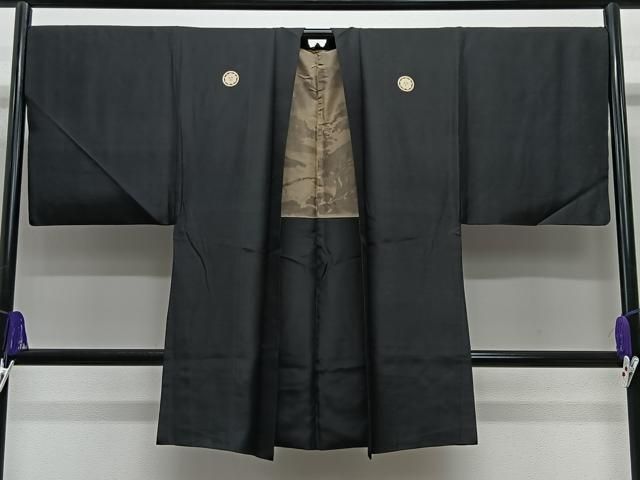 平和屋着物∞男性　長羽織　黒紋付　羽裏：人物風景文　正絹　逸品　CABE5109ua