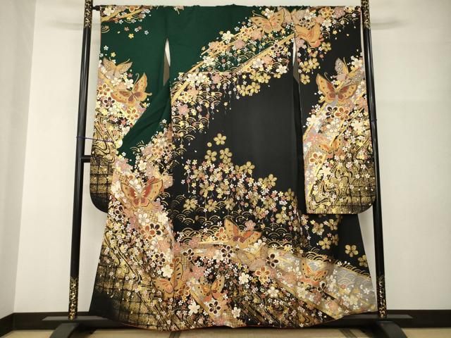 平和屋着物●豪華振袖　刺繍　流水花蝶文　黒地　金彩　正絹　逸品　AABI0826ck 27,300円