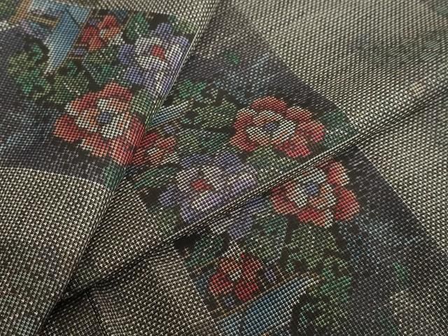 平和屋着物●本場大島紬 9マルキ 色紙風景草花文 正絹 逸品 DABD9552ud