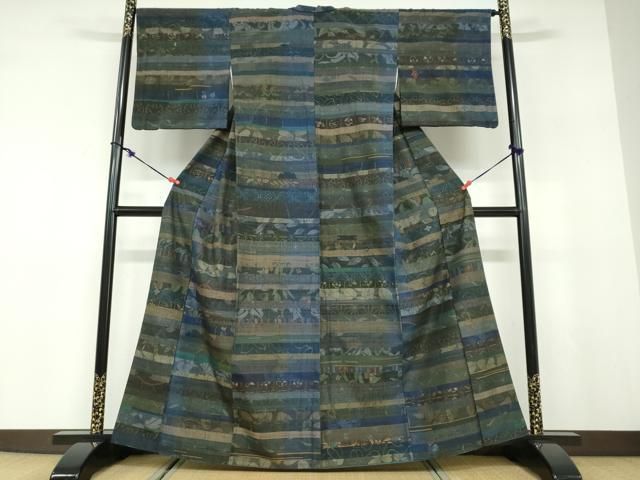 平和屋着物●小千谷紬 百柄 横段草花文 正絹 逸品 DABD9553ud