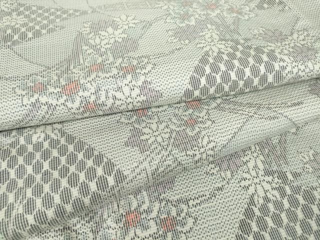 平和屋着物▽上質な紬　単衣　吉祥花文　正絹　逸品　DABE4411az