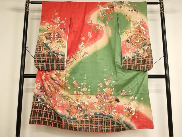 平和屋着物[]七五三　女の子　７歳　祝着　四つ身　扇面鳳凰花蝶文　暈し染め　金彩　逸品　AABH2972ja