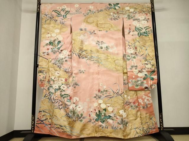 平和屋着物●豪華振袖　駒刺繍　流水花文　金彩　正絹　逸品　AABI2455ck