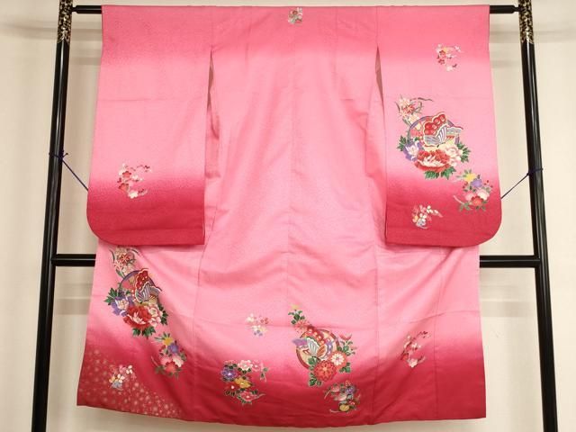 平和屋着物[]七五三　女の子　７歳　祝着　四つ身　花蝶丸文　暈し染め　金彩　AABH2975ja