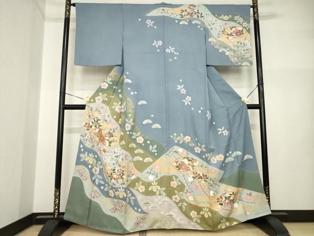 平和屋着物●訪問着　友禅　絞り　流水鴛鴦地紙花文　金彩　正絹　逸品　AABI2467ck