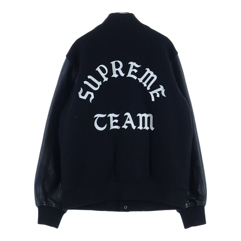 SUPREME (シュプリーム) 15AW Wool Varsity Crew Jacket ウール ヴァーシティ クルーチーム 袖レザー スタジアム ジャケット ブラック