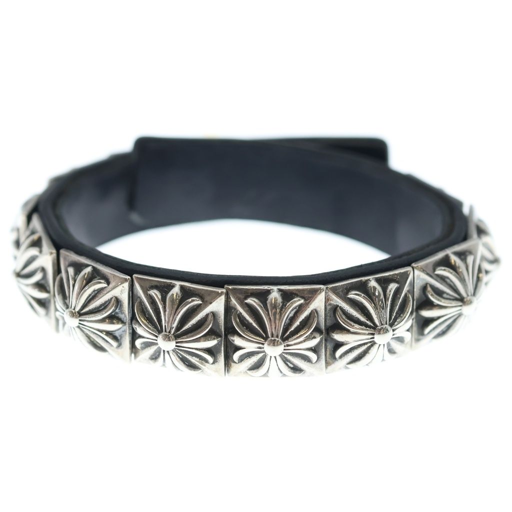 CHROME HEARTS (クロムハーツ) ZERO STUD SNGL ROW ゼロ ピラミッド スタッズ シングル レザー ブレスレット シルバー/ブラック