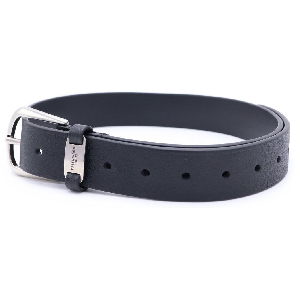 BALENCIAGA (バレンシアガ) 24AW SUIT BELT スーツベルト カーフスキン アンティーク調 レザー ベルト ロゴプレートバックル ブラック/シルバー 806067-2ABB5-1000