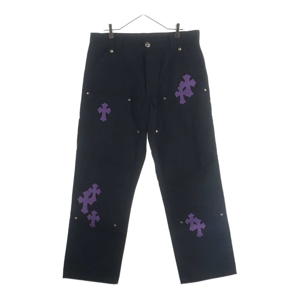 CHROME HEARTS (クロムハーツ) CARPENTER CNVS BLK クロスパッチ付きカーペンターロングパンツ ブラック/パープル