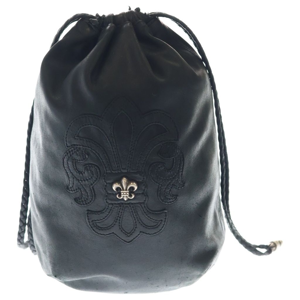 CHROME HEARTS (クロムハーツ) DRW STRNG SACK BS BSフレアドローストリングサック レザー巾着ハンドバッグ ブラック