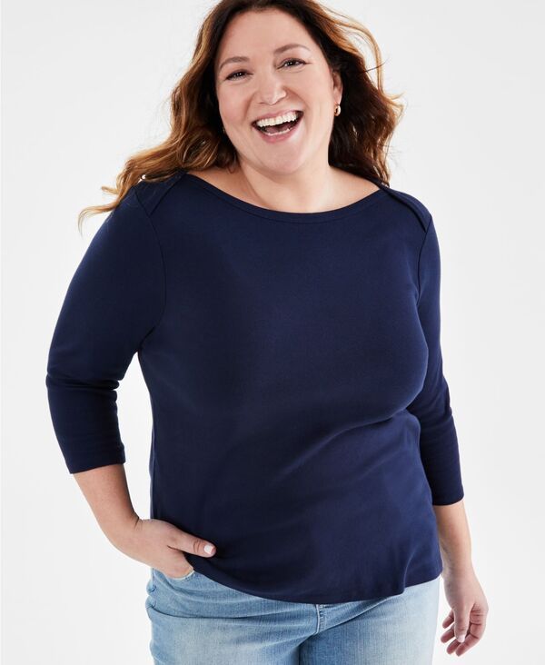 スタイルアンドコー レディース トップス シャツ コットン Style Co Womens Pima Cotton 34Sleeve BoatNeck Top PP4X Industrial Blue ブルー