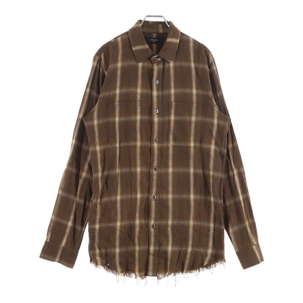 AMIRI (アミリ) ショットガン カットオフ加工 オンブレチェック 長袖シャツ ブラウン
