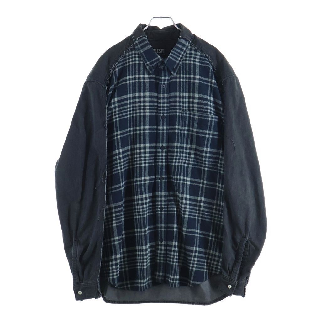 DIESEL (ディーゼル) 25SS ×Timberland ティンバーランド デニム切り替え 再構築 長袖シャツ ネイビー/ブラック DL-6B-T